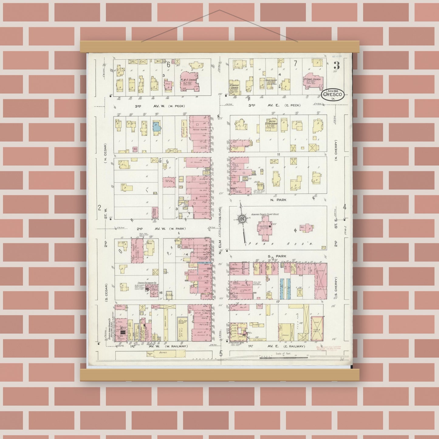 Old map wall art mockup — magnetic wood frame on brick wall — Sanborn Fire Insurance Map from Cresco, Howard County, Iowa (1914), Sheet #0003