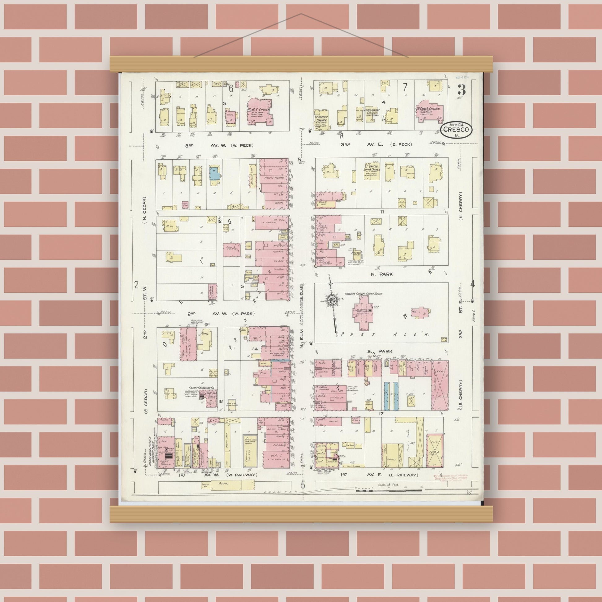 Old map wall art mockup — magnetic wood frame on brick wall — Sanborn Fire Insurance Map from Cresco, Howard County, Iowa (1914), Sheet #0003