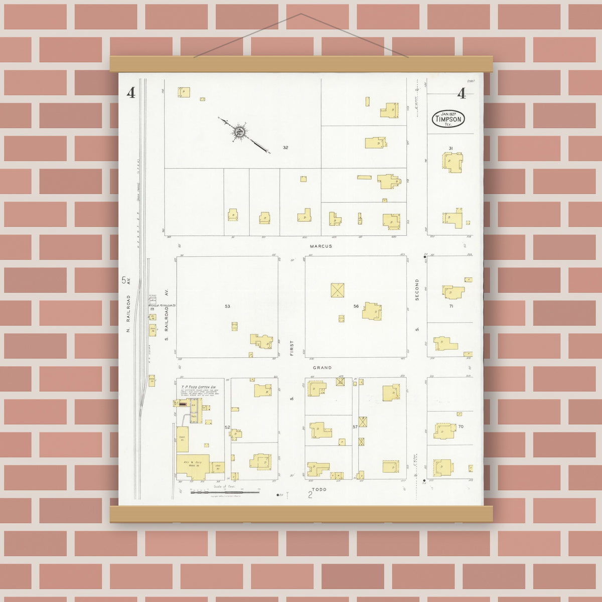 Old map wall art mockup — magnetic wood frame on brick wall — Sanborn Fire Insurance Map from Timpson, Shelby County, Texas (1927), Sheet #0004