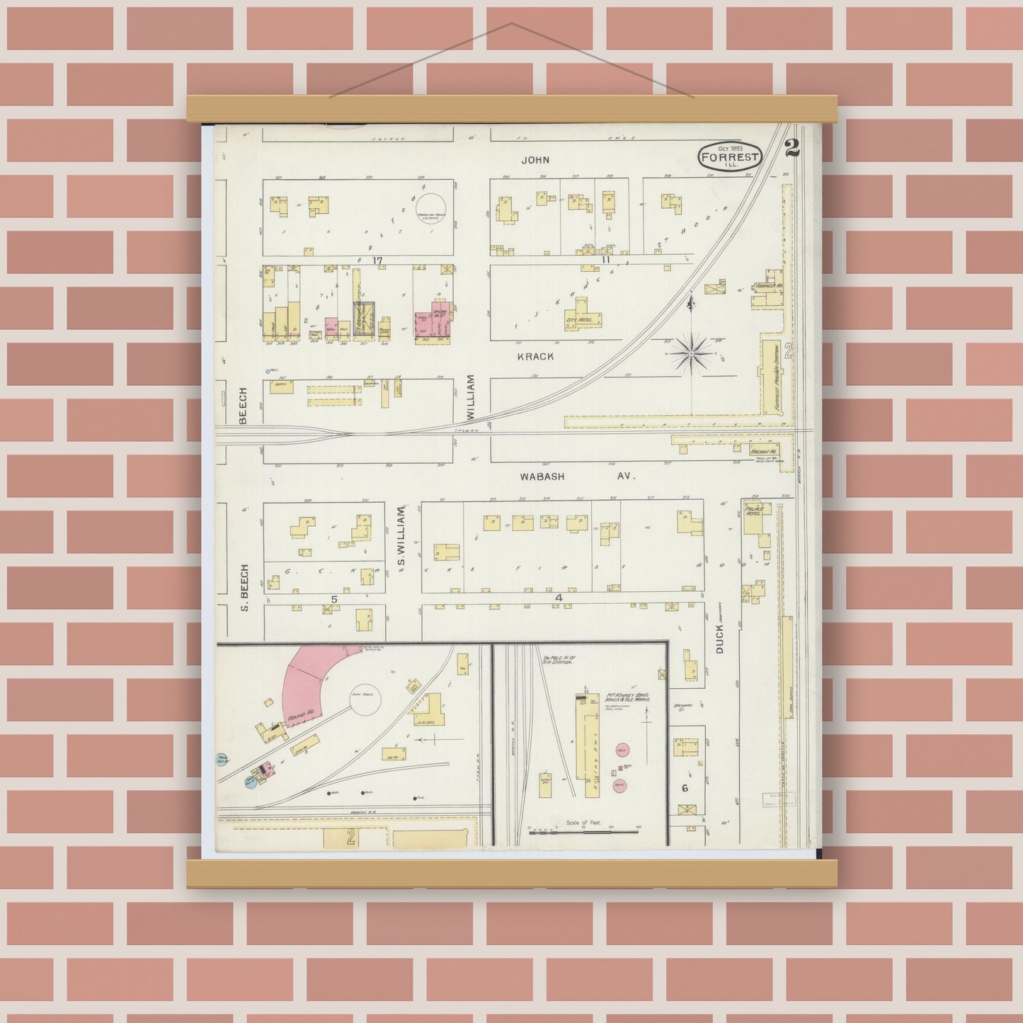 Old map wall art mockup — magnetic wood frame on brick wall — Sanborn Fire Insurance Map from Forrest, Livingston County, Illinois (1893), Sheet #0002