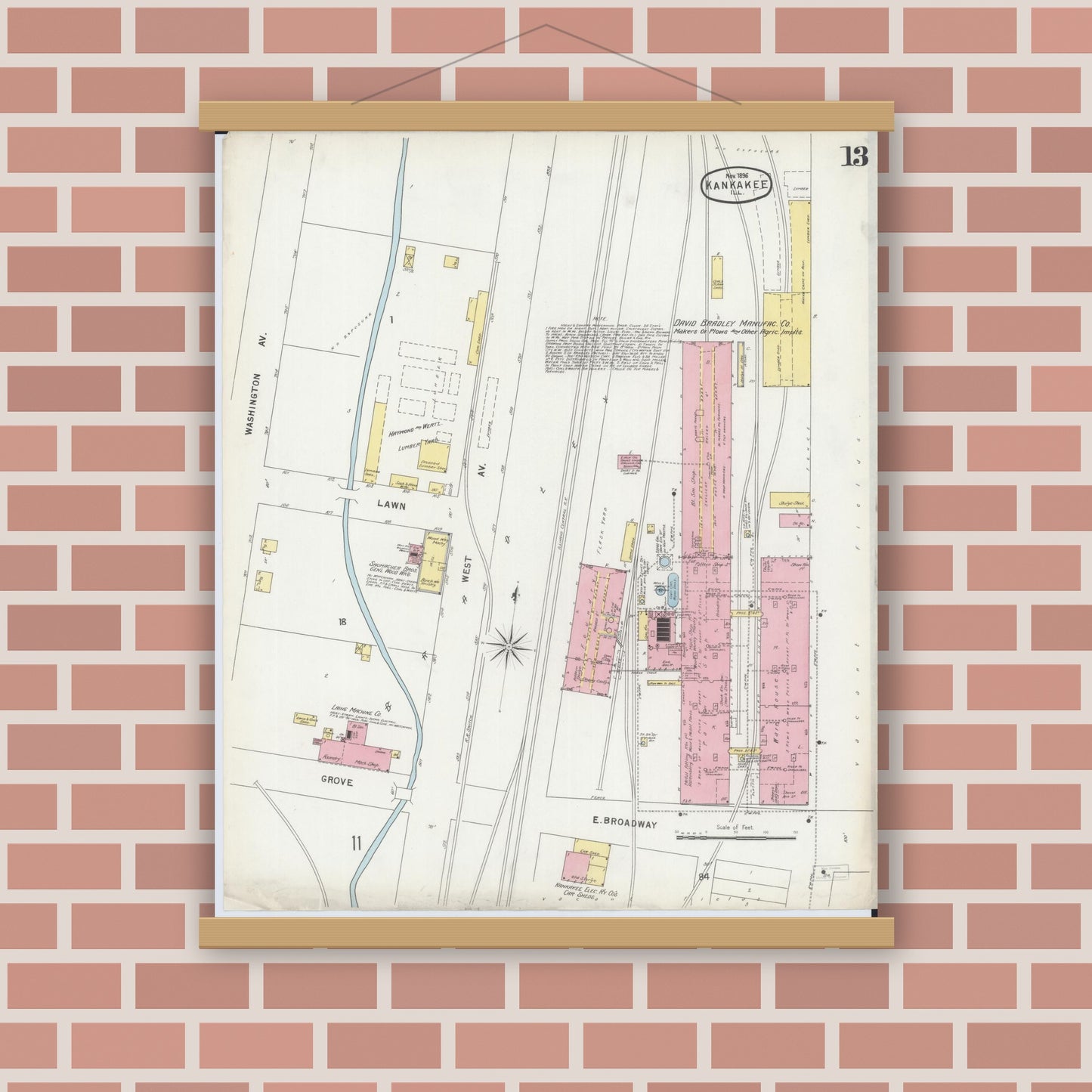 Old map wall art mockup — magnetic wood frame on brick wall — Sanborn Fire Insurance Map from Kankakee, Kankakee County, Illinois (1896), Sheet #0013
