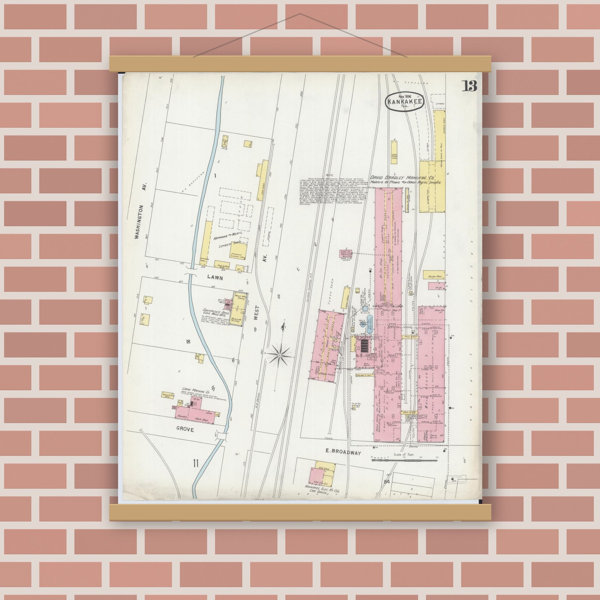 Old map wall art mockup — magnetic wood frame on brick wall — Sanborn Fire Insurance Map from Kankakee, Kankakee County, Illinois (1896), Sheet #0013