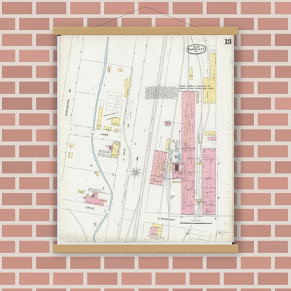 Old map wall art mockup — magnetic wood frame on brick wall — Sanborn Fire Insurance Map from Kankakee, Kankakee County, Illinois (1896), Sheet #0013