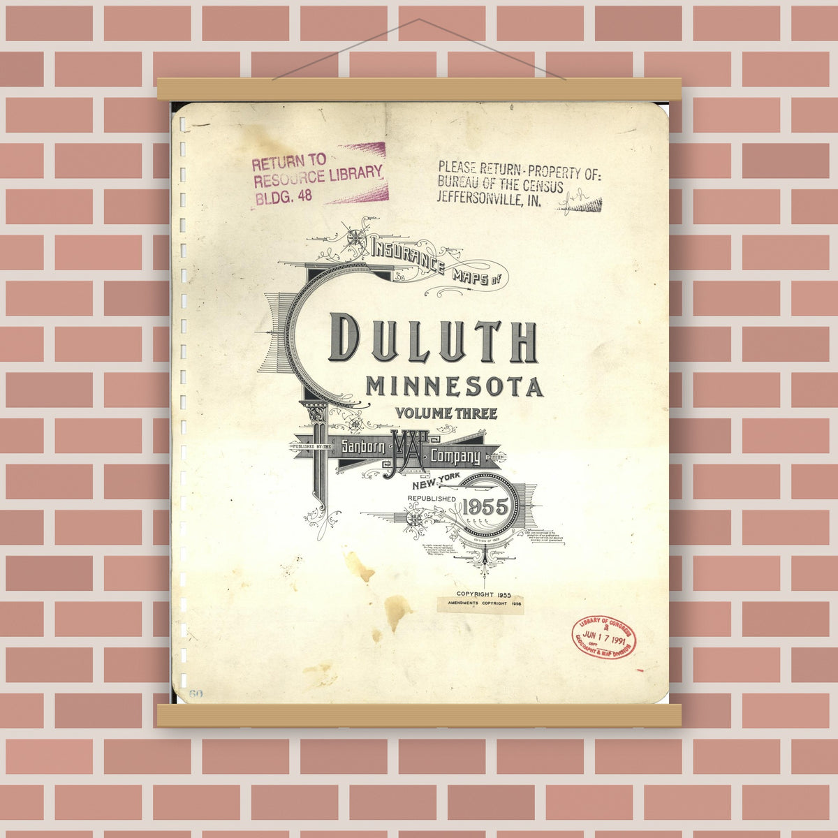 Old map wall art mockup — magnetic wood frame on brick wall — Sanborn Fire Insurance Map from Duluth, Saint Louis County, Minnesota (1963), Sheet #0001