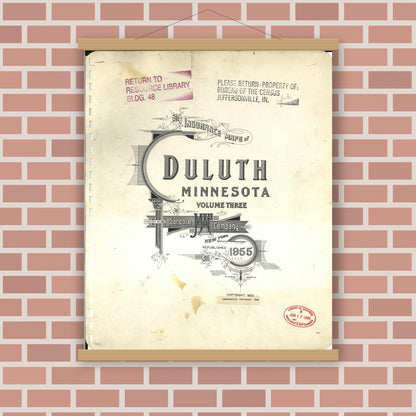 Old map wall art mockup — magnetic wood frame on brick wall — Sanborn Fire Insurance Map from Duluth, Saint Louis County, Minnesota (1963), Sheet #0001