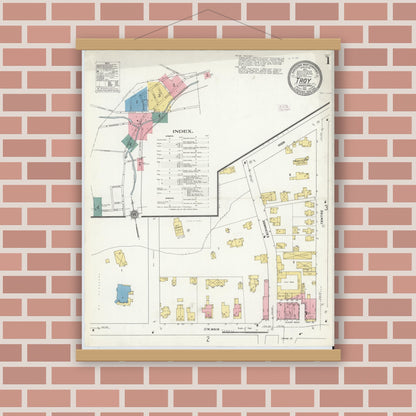 Old map wall art mockup — magnetic wood frame on brick wall — Sanborn Fire Insurance Map from Troy, Bradford County, Pennsylvania (1911), Sheet #0001