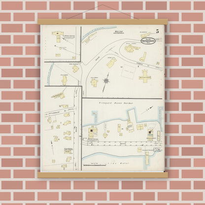 Old map wall art mockup — magnetic wood frame on brick wall — Sanborn Fire Insurance Map from Vineyard Haven, Dukes County, Massachusetts (1914), Sheet #0005