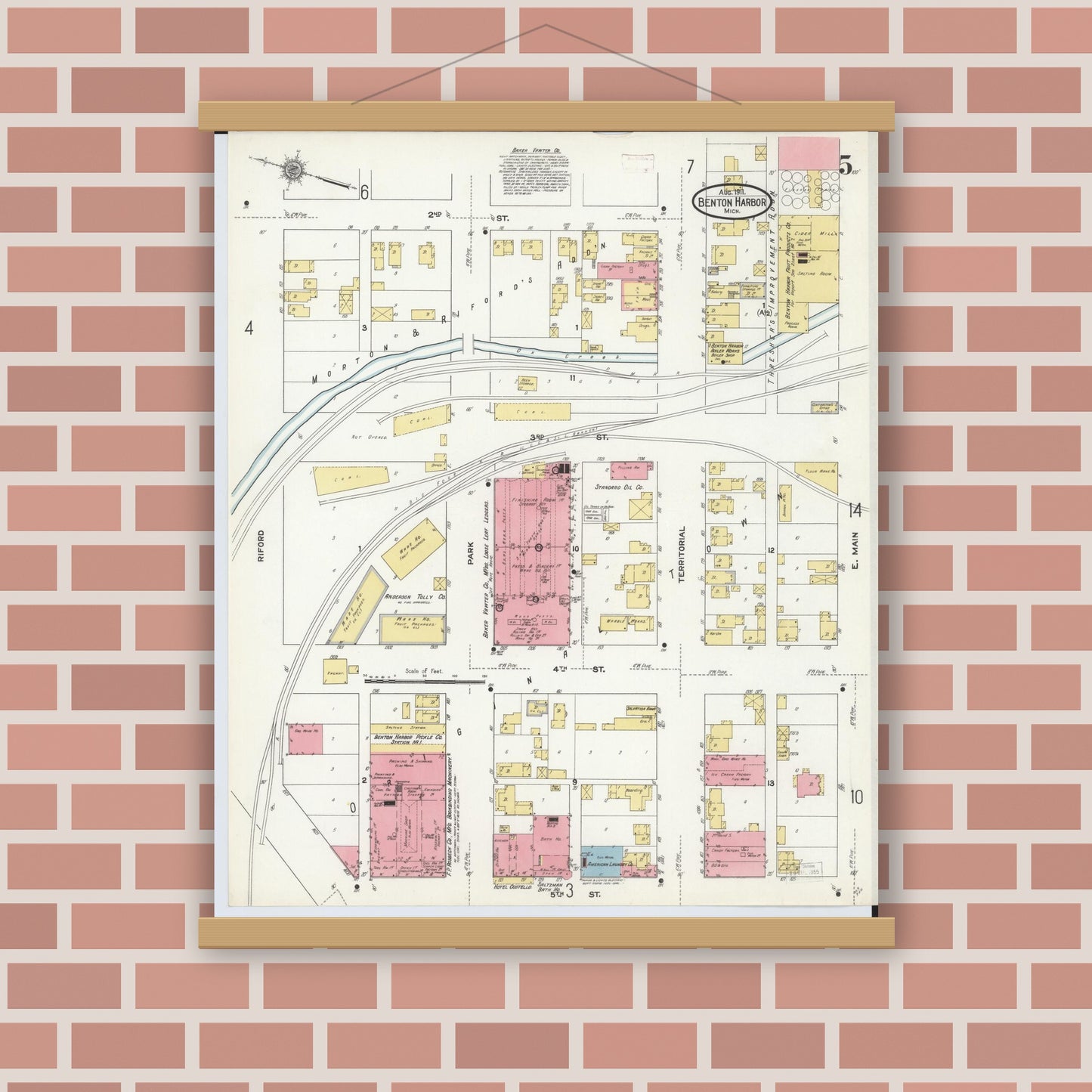 Old map wall art mockup — magnetic wood frame on brick wall — Sanborn Fire Insurance Map from Benton Harbor, Berrien County, Michigan (1911), Sheet #0005
