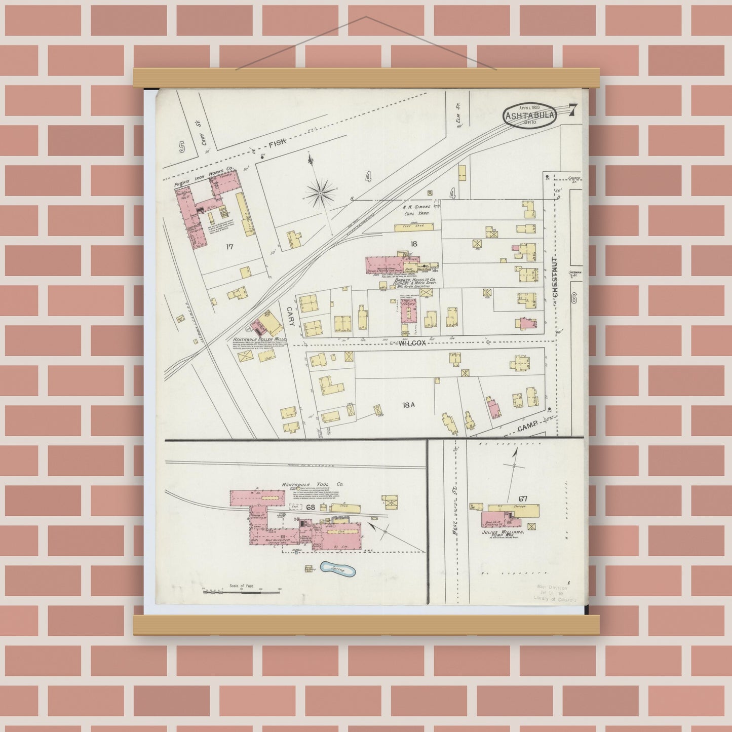 Old map wall art mockup — magnetic wood frame on brick wall — Sanborn Fire Insurance Map from Ashtabula, Ashtabula County, Ohio (1893), Sheet #0007