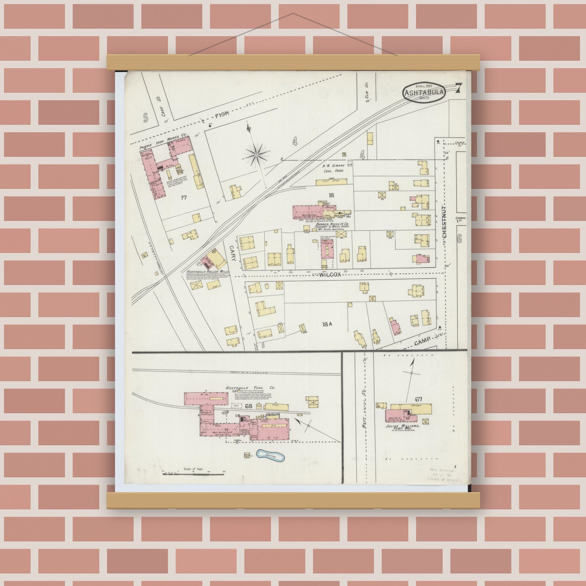 Old map wall art mockup — magnetic wood frame on brick wall — Sanborn Fire Insurance Map from Ashtabula, Ashtabula County, Ohio (1893), Sheet #0007