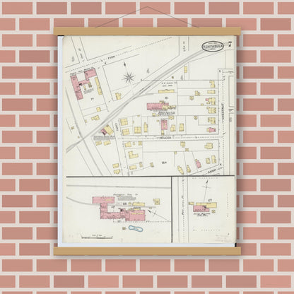 Old map wall art mockup — magnetic wood frame on brick wall — Sanborn Fire Insurance Map from Ashtabula, Ashtabula County, Ohio (1893), Sheet #0007