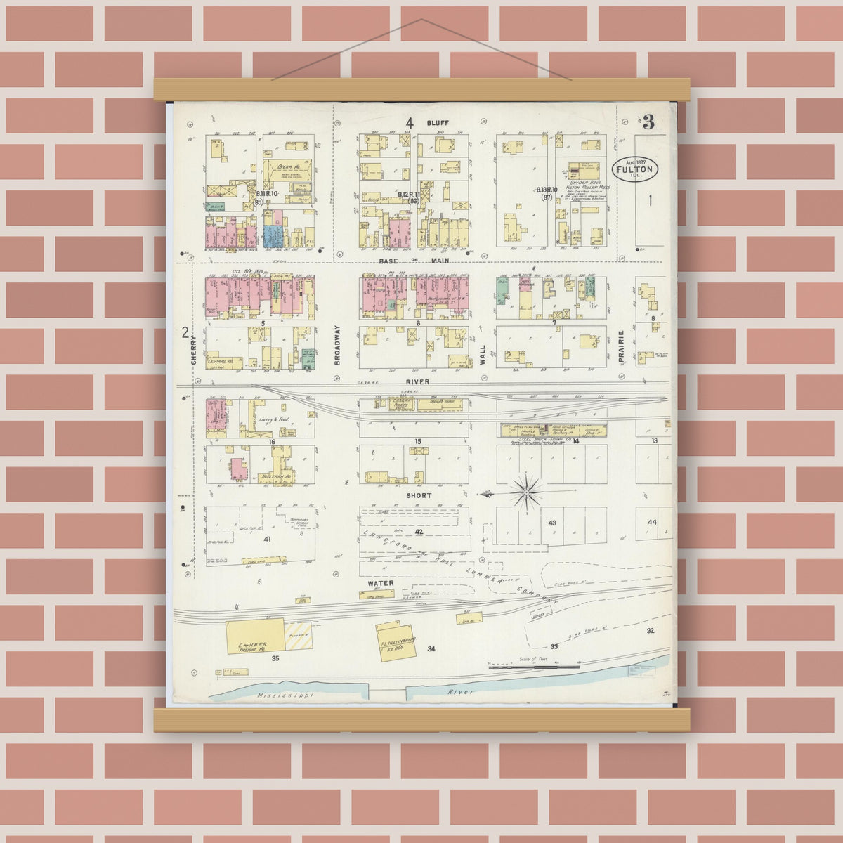 Old map wall art mockup — magnetic wood frame on brick wall — Sanborn Fire Insurance Map from Fulton, Whiteside County, Illinois (1897), Sheet #0003
