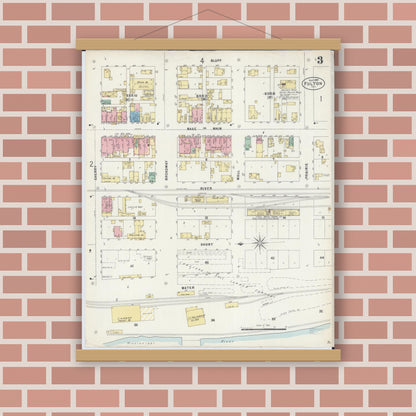 Old map wall art mockup — magnetic wood frame on brick wall — Sanborn Fire Insurance Map from Fulton, Whiteside County, Illinois (1897), Sheet #0003