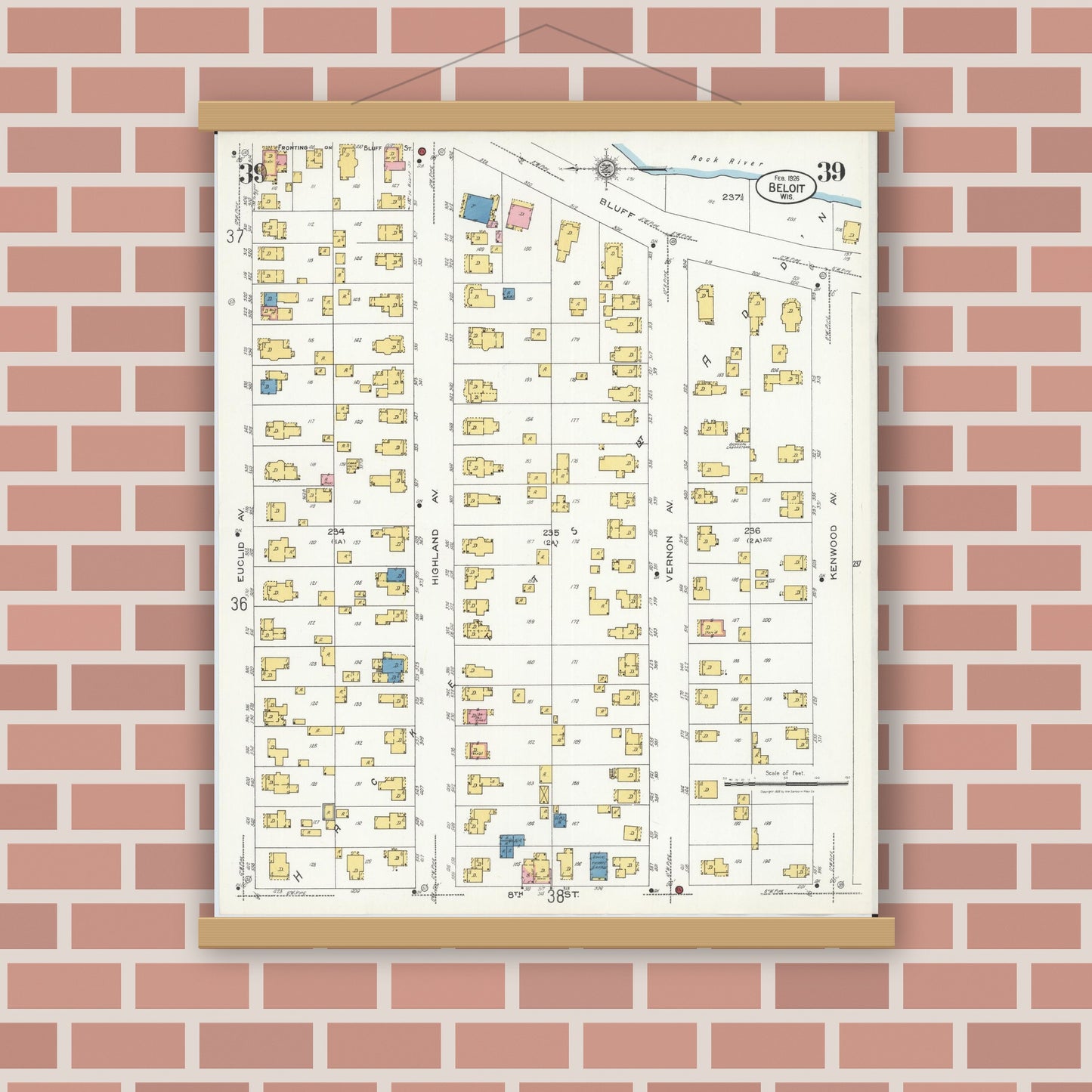 Old map wall art mockup — magnetic wood frame on brick wall — Sanborn Fire Insurance Map from Beloit, Rock County, Wisconsin (1926), Sheet #0039