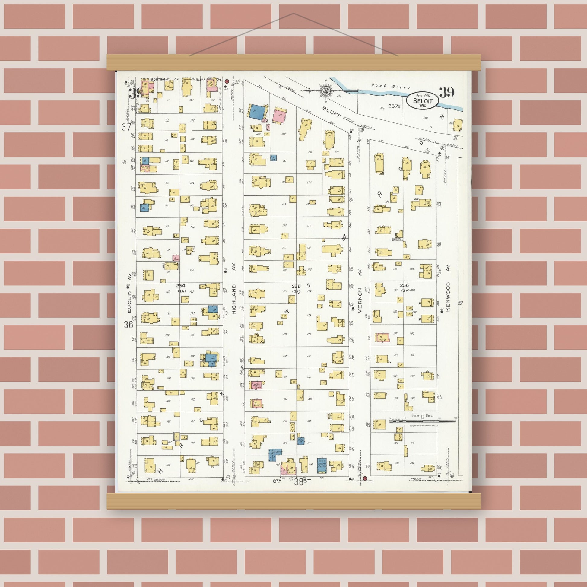 Old map wall art mockup — magnetic wood frame on brick wall — Sanborn Fire Insurance Map from Beloit, Rock County, Wisconsin (1926), Sheet #0039