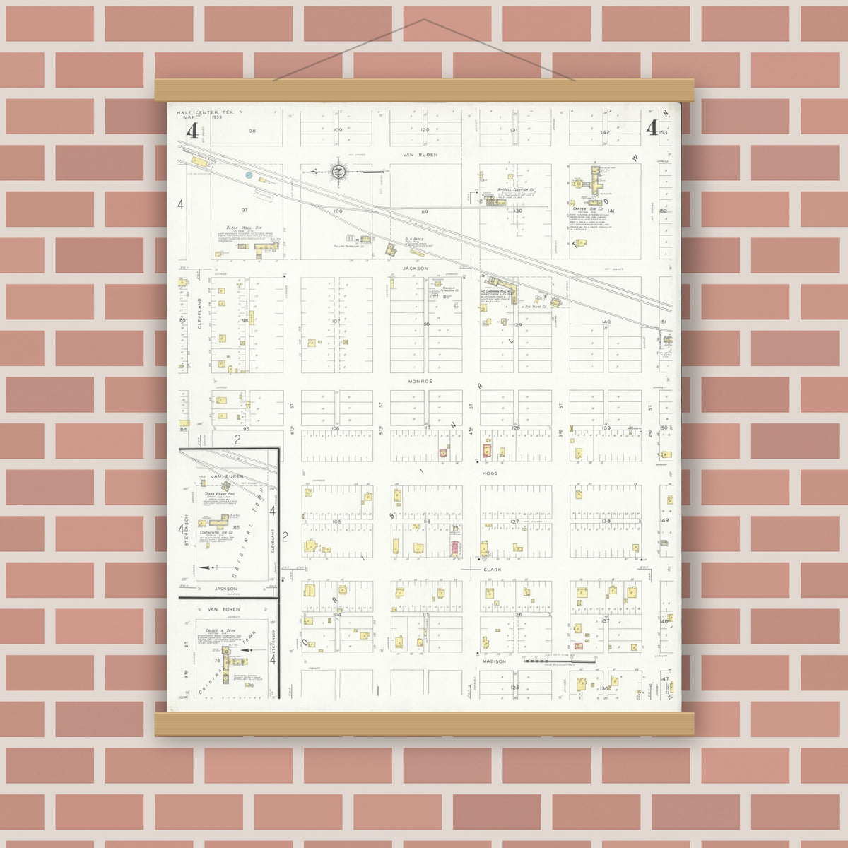 Old map wall art mockup — magnetic wood frame on brick wall — Sanborn Fire Insurance Map from Hale Center, Hale County, Texas (1933), Sheet #0004