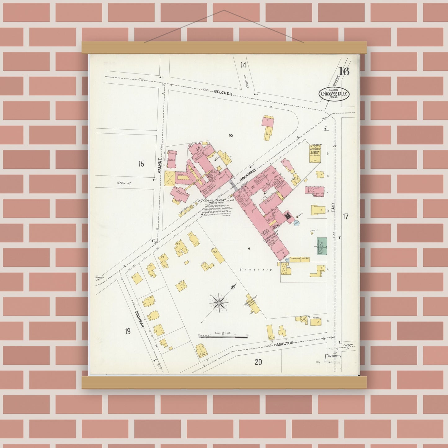Old map wall art mockup — magnetic wood frame on brick wall — Sanborn Fire Insurance Map from Chicopee, Hampden County, Massachusetts (1902), Sheet #0016