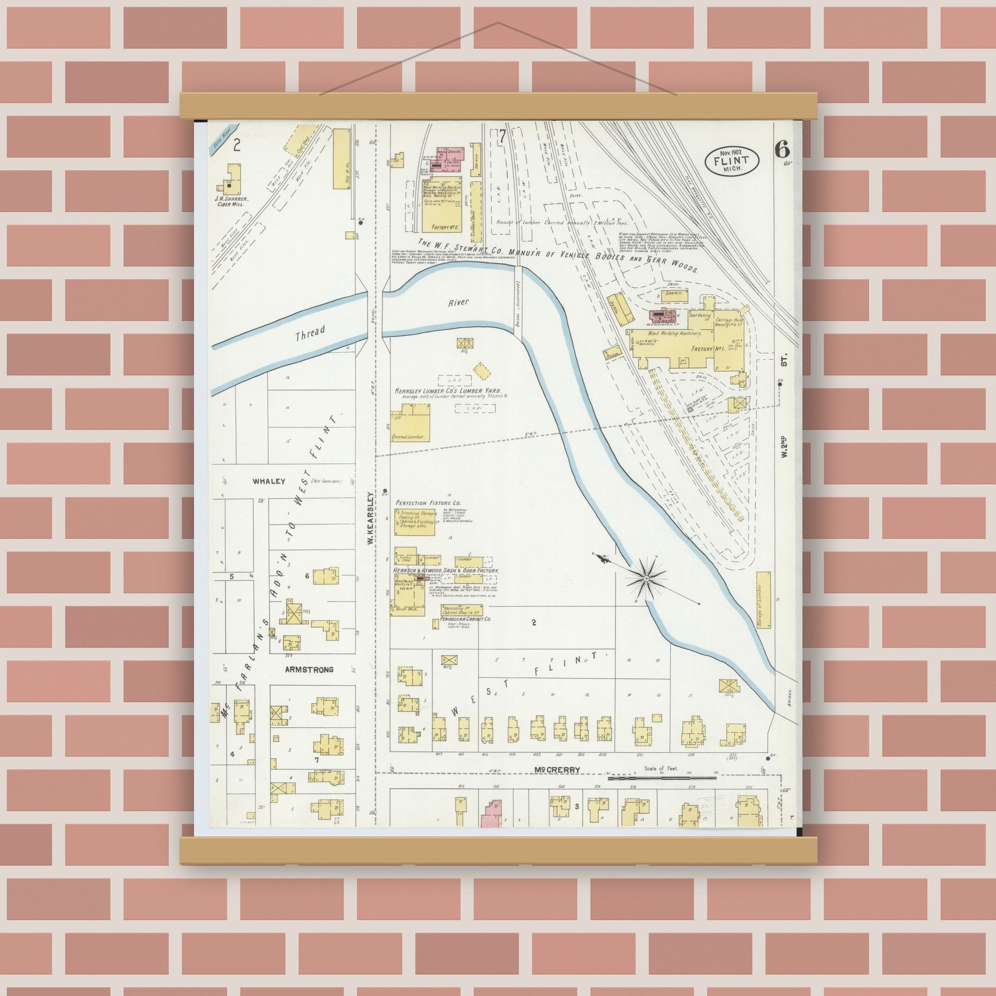 Old map wall art mockup — magnetic wood frame on brick wall — Sanborn Fire Insurance Map from Flint, Genesee County, Michigan (1902), Sheet #0006
