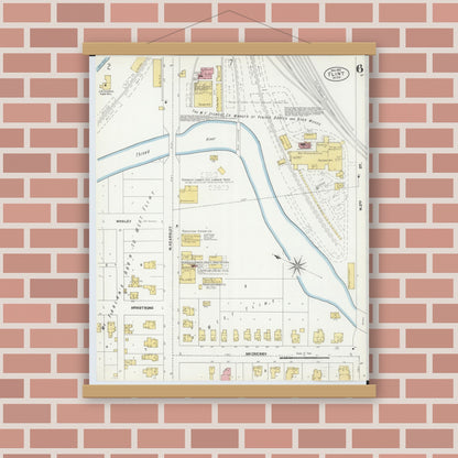Old map wall art mockup — magnetic wood frame on brick wall — Sanborn Fire Insurance Map from Flint, Genesee County, Michigan (1902), Sheet #0006