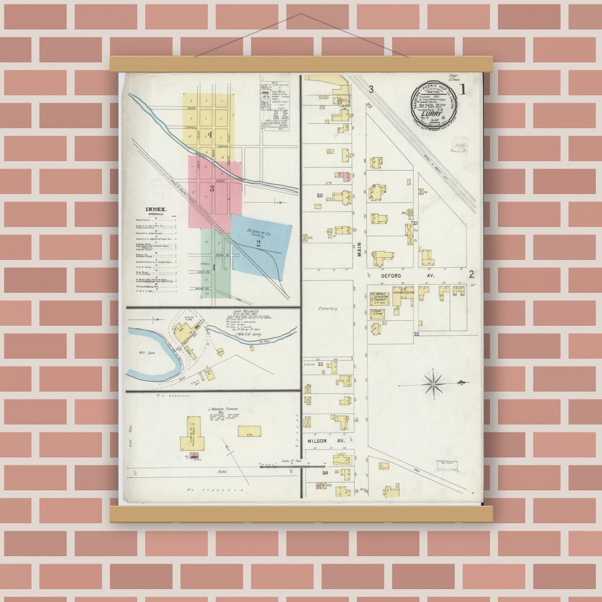 Old map wall art mockup — magnetic wood frame on brick wall — Sanborn Fire Insurance Map from Luray, Page County, Virginia (1897) - Complete Map Set