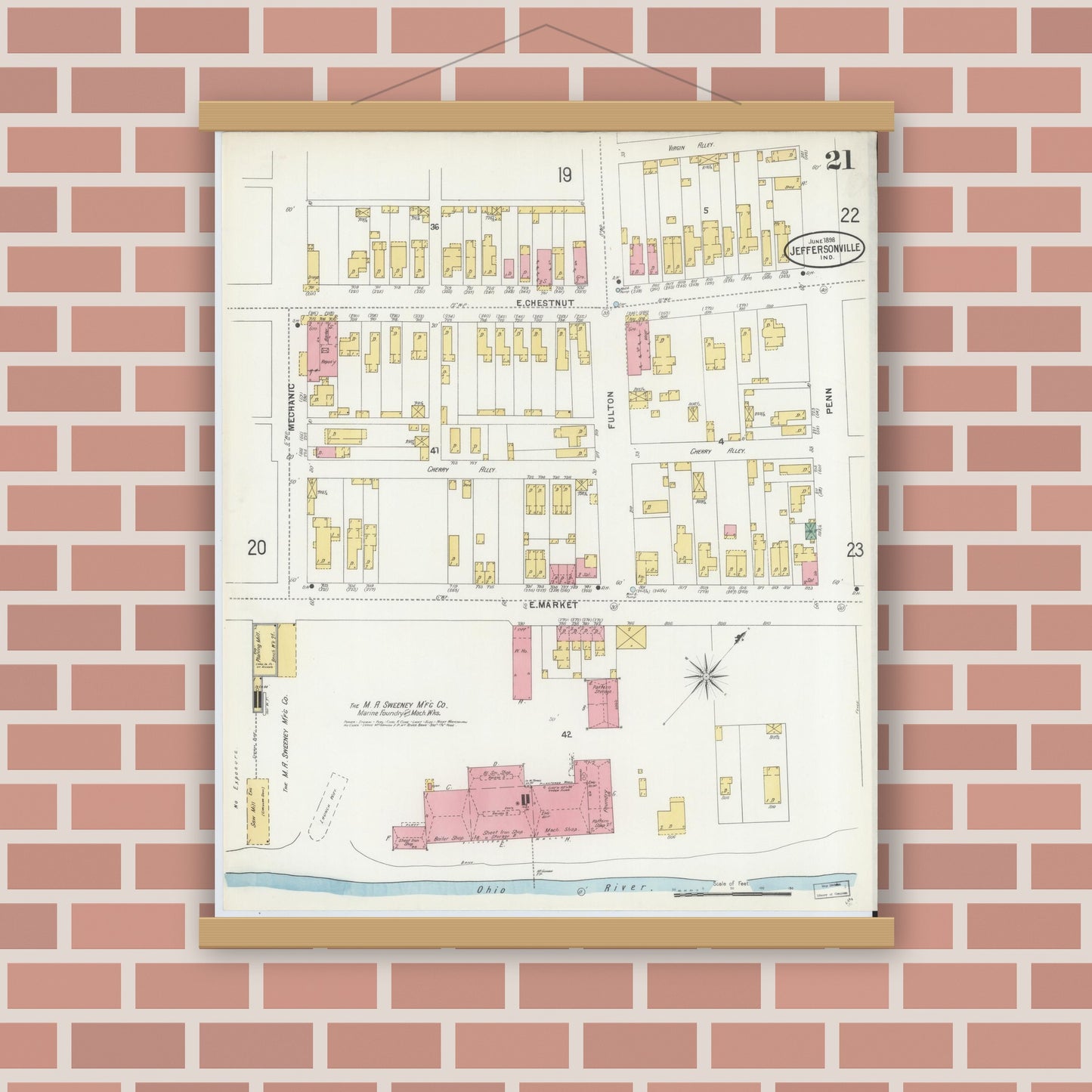 Old map wall art mockup — magnetic wood frame on brick wall — Sanborn Fire Insurance Map from Jeffersonville, Clark County, Indiana (1898), Sheet #0021