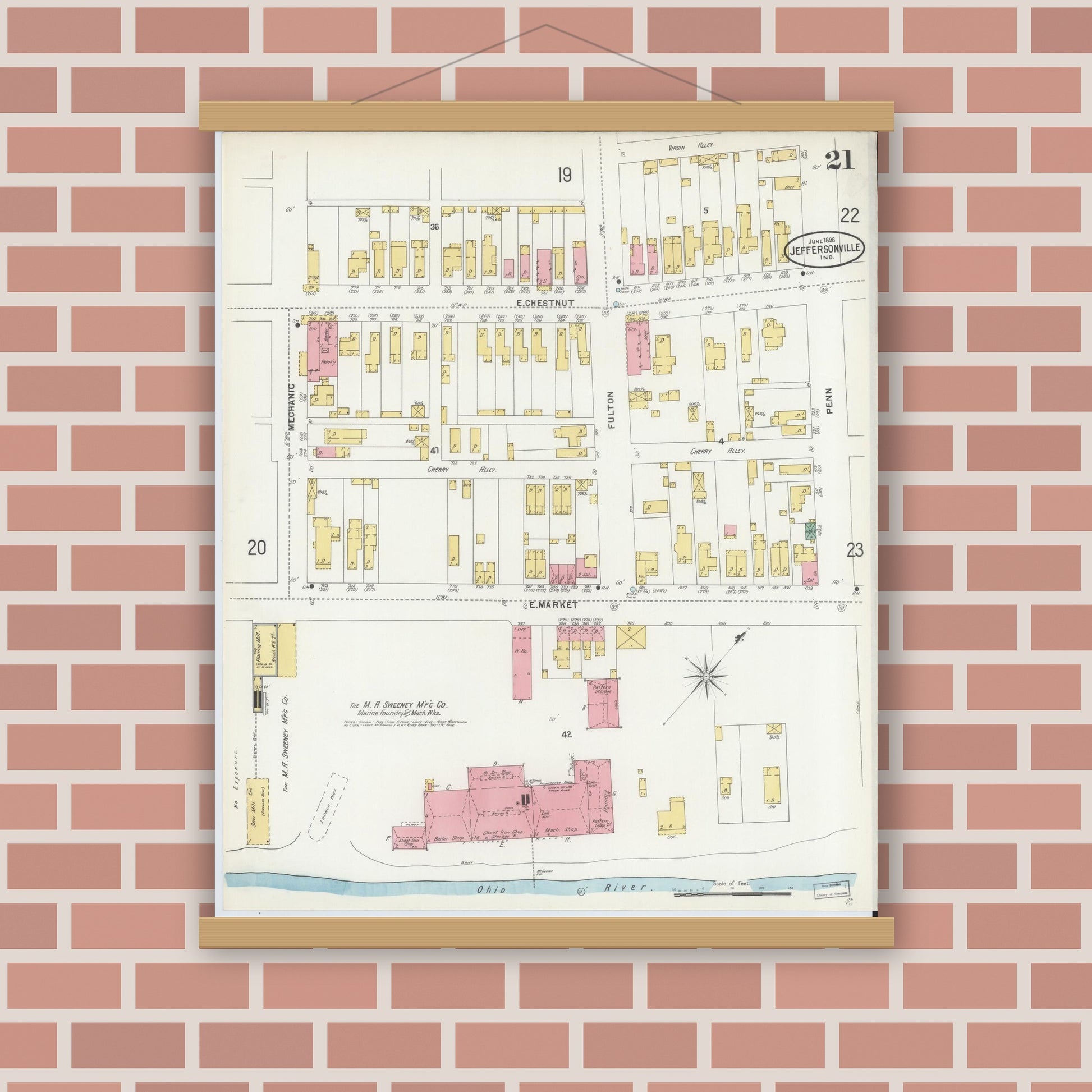 Old map wall art mockup — magnetic wood frame on brick wall — Sanborn Fire Insurance Map from Jeffersonville, Clark County, Indiana (1898), Sheet #0021