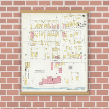 Old map wall art mockup — magnetic wood frame on brick wall — Sanborn Fire Insurance Map from Jeffersonville, Clark County, Indiana (1898), Sheet #0021