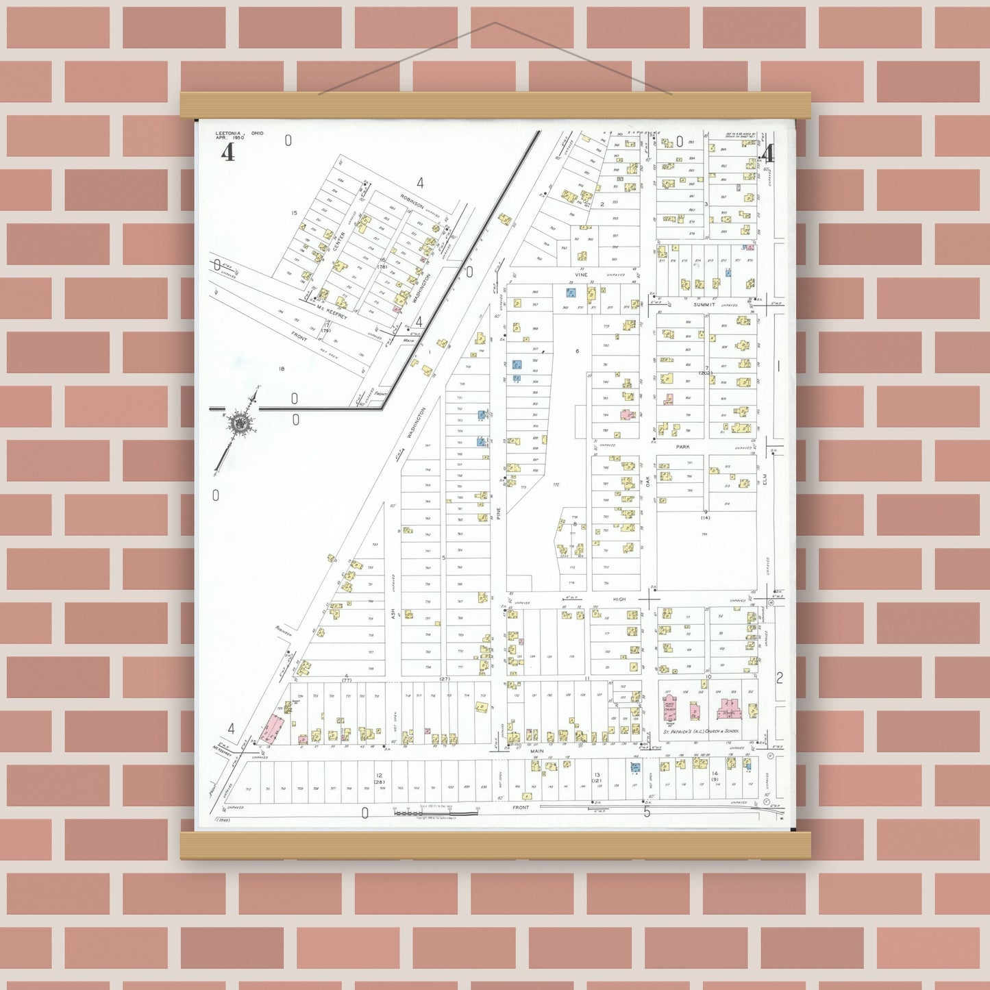 Old map wall art mockup — magnetic wood frame on brick wall — Sanborn Fire Insurance Map from Leetonia, Columbiana County, Ohio (1950), Sheet #0004
