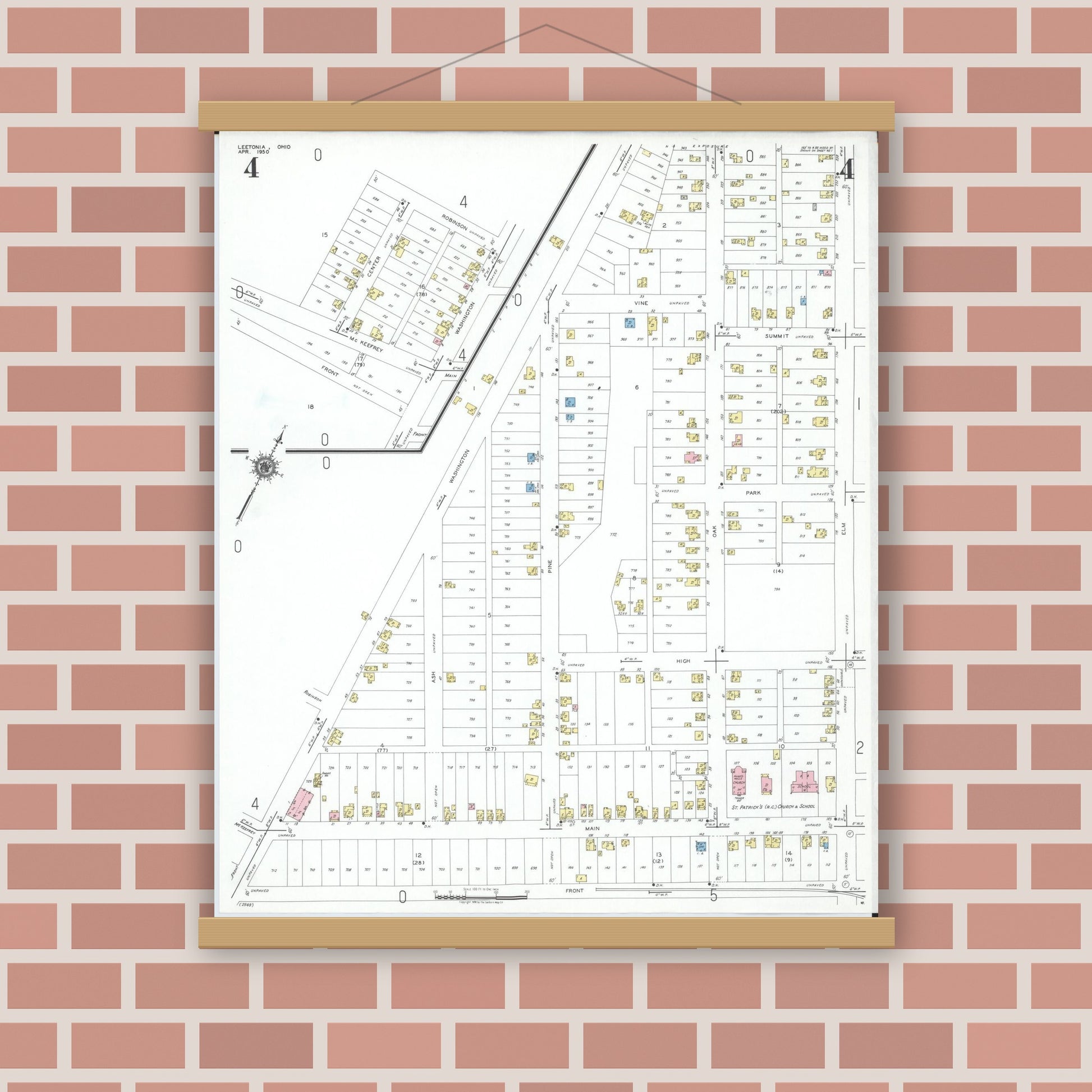 Old map wall art mockup — magnetic wood frame on brick wall — Sanborn Fire Insurance Map from Leetonia, Columbiana County, Ohio (1950), Sheet #0004