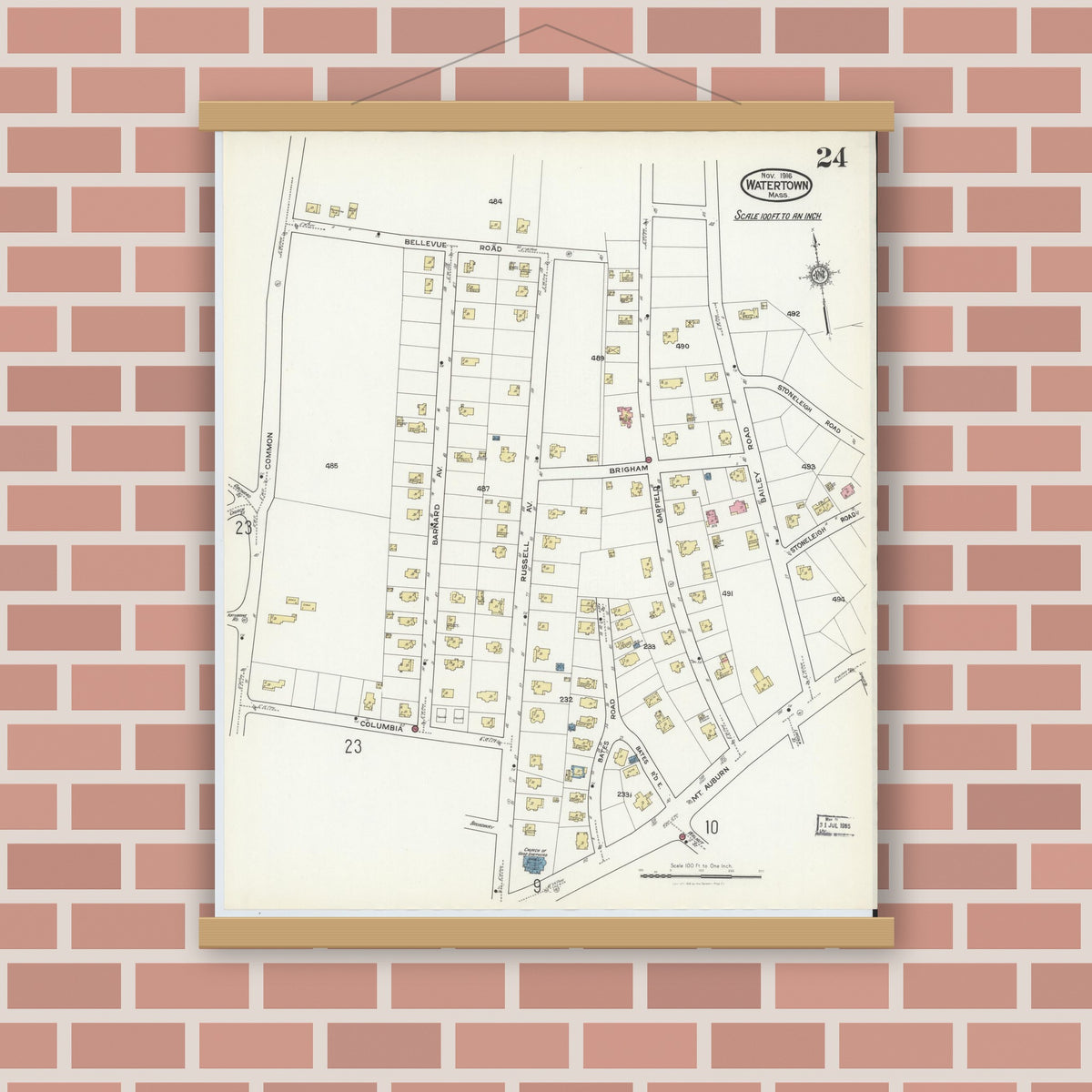 Old map wall art mockup — magnetic wood frame on brick wall — Sanborn Fire Insurance Map from Watertown, Middlesex County, Massachusetts (1916), Sheet #0024