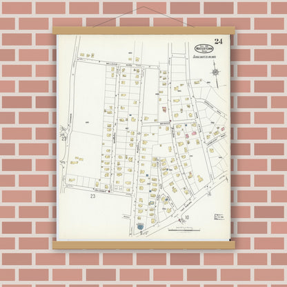 Old map wall art mockup — magnetic wood frame on brick wall — Sanborn Fire Insurance Map from Watertown, Middlesex County, Massachusetts (1916), Sheet #0024