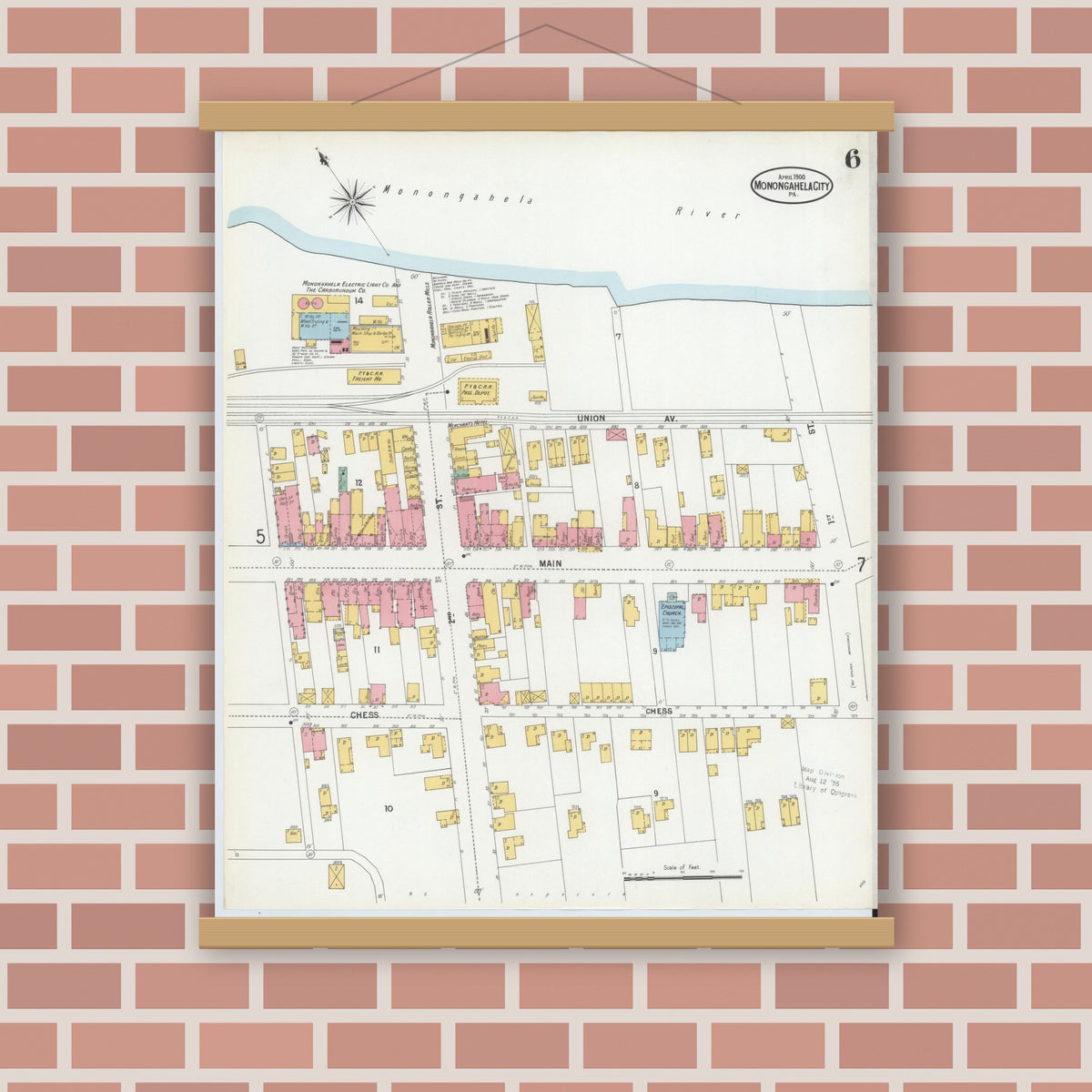 Old map wall art mockup — magnetic wood frame on brick wall — Sanborn Fire Insurance Map from Monongahela City, Washington County, Pennsylvania (1900), Sheet #0006