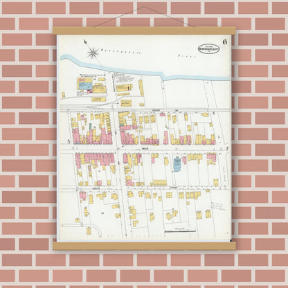 Old map wall art mockup — magnetic wood frame on brick wall — Sanborn Fire Insurance Map from Monongahela City, Washington County, Pennsylvania (1900), Sheet #0006