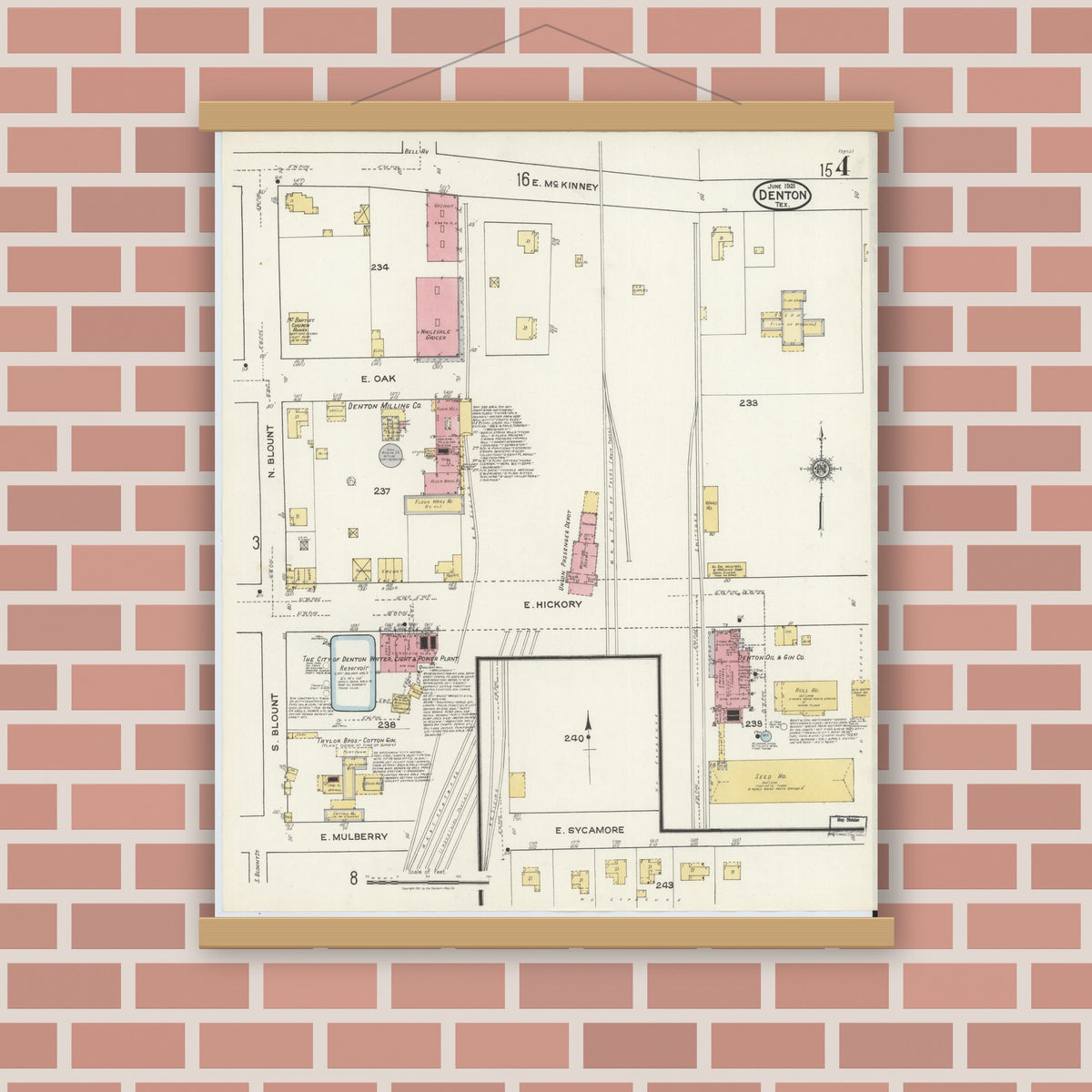Old map wall art mockup — magnetic wood frame on brick wall — Sanborn Fire Insurance Map from Denton, Denton County, Texas (1921), Sheet #0004