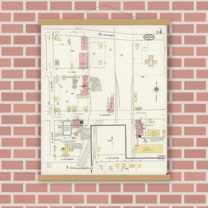 Old map wall art mockup — magnetic wood frame on brick wall — Sanborn Fire Insurance Map from Denton, Denton County, Texas (1921), Sheet #0004