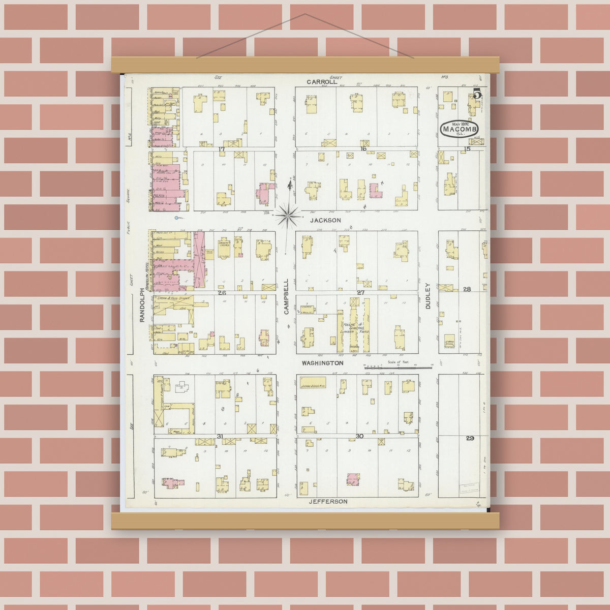 Old map wall art mockup — magnetic wood frame on brick wall — Sanborn Fire Insurance Map from Macomb, Mcdonough County, Illinois (1892), Sheet #0005