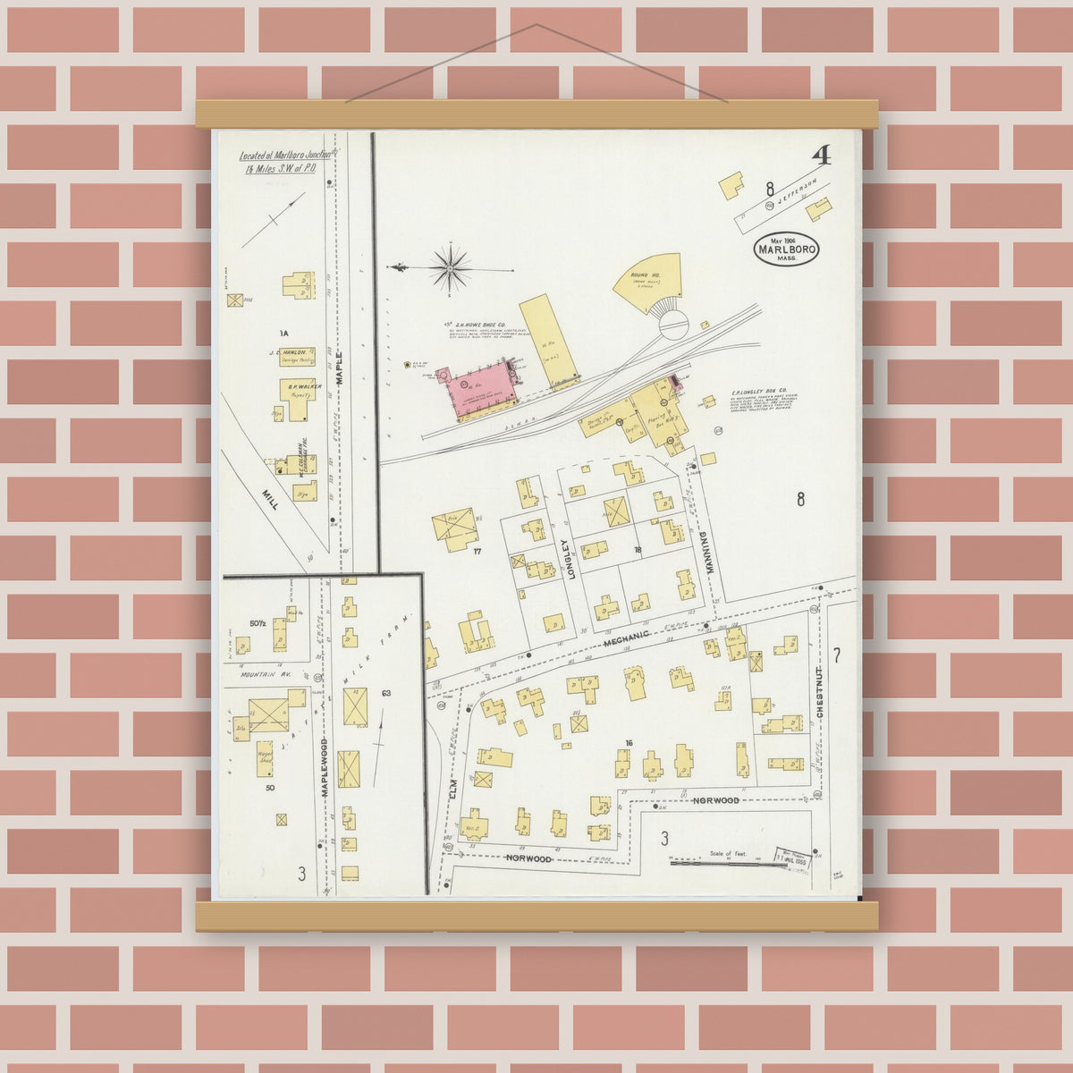 Old map wall art mockup — magnetic wood frame on brick wall — Sanborn Fire Insurance Map from Marlborough, Middlesex County, Massachusetts (1906), Sheet #0004