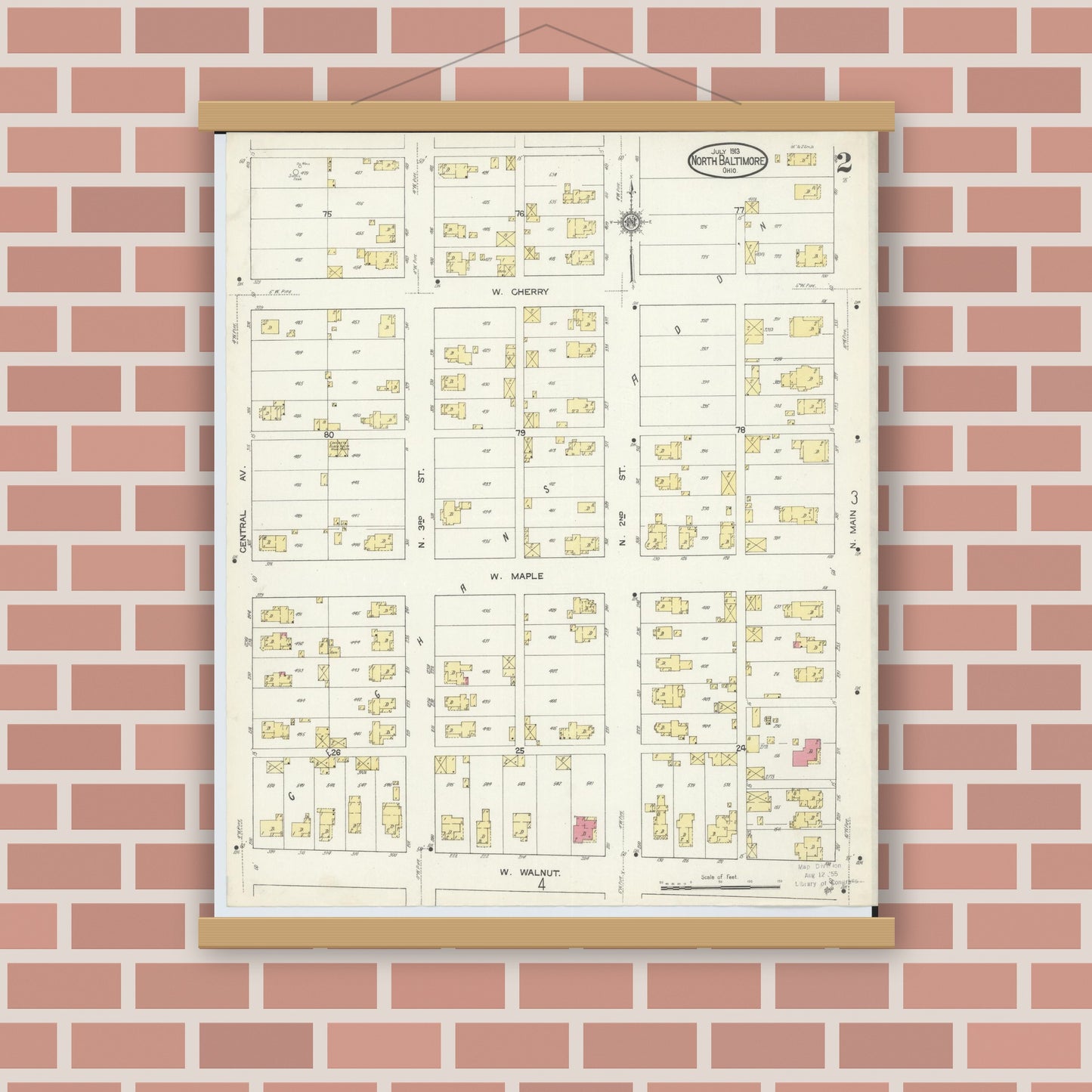 Old map wall art mockup — magnetic wood frame on brick wall — Sanborn Fire Insurance Map from North Baltimore, Wood County, Ohio (1913), Sheet #0002