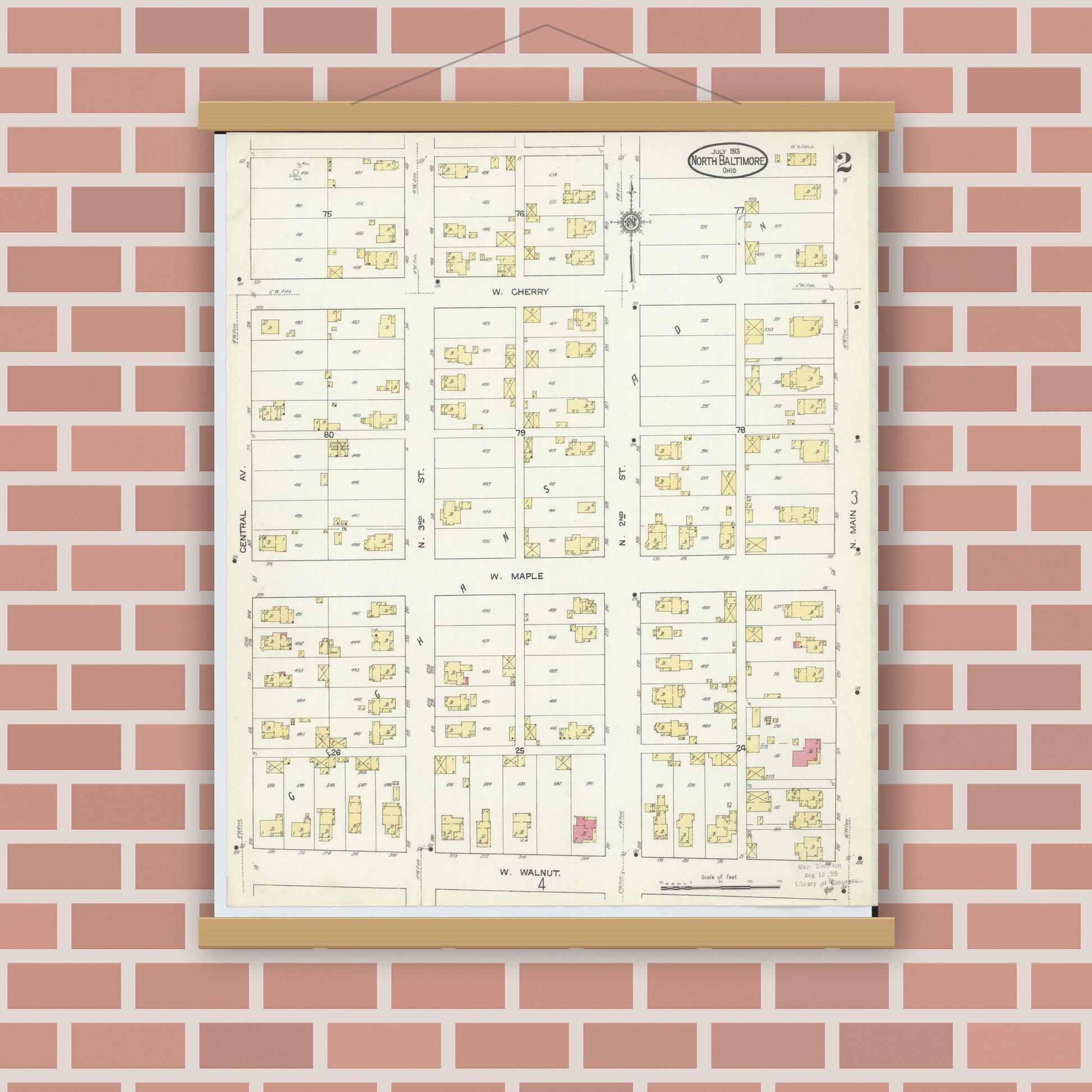 Old map wall art mockup — magnetic wood frame on brick wall — Sanborn Fire Insurance Map from North Baltimore, Wood County, Ohio (1913), Sheet #0002
