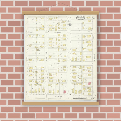Old map wall art mockup — magnetic wood frame on brick wall — Sanborn Fire Insurance Map from North Baltimore, Wood County, Ohio (1913), Sheet #0002