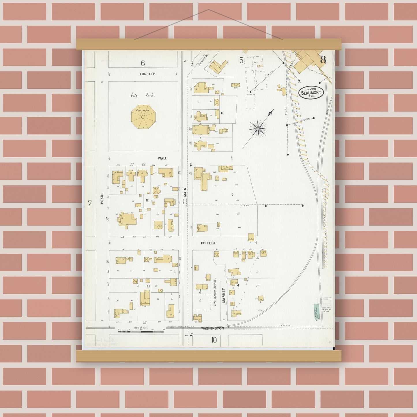 Old map wall art mockup — magnetic wood frame on brick wall — Sanborn Fire Insurance Map from Beaumont, Jefferson County, Texas (1899), Sheet #0008