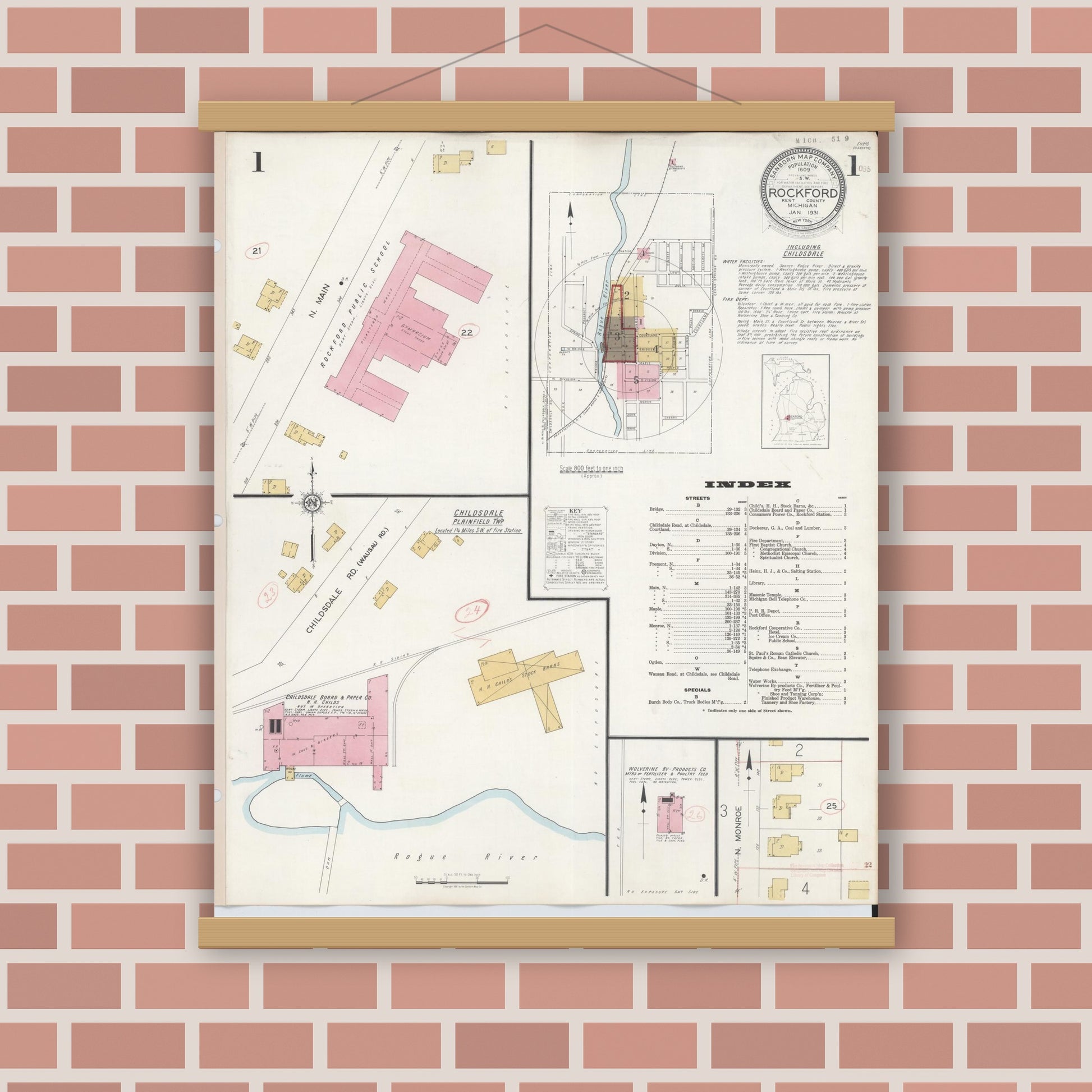 Old map wall art mockup — magnetic wood frame on brick wall — Sanborn Fire Insurance Map from Rockford, Kent County, Michigan (1931) - Complete Map Set