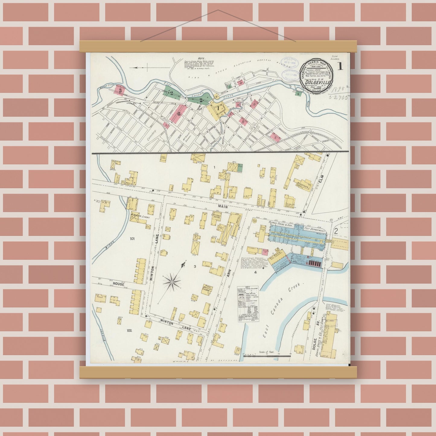 Old map wall art mockup — magnetic wood frame on brick wall — Sanborn Fire Insurance Map from Dolgeville, Hirkimer County, New York (1898), Sheet #0001