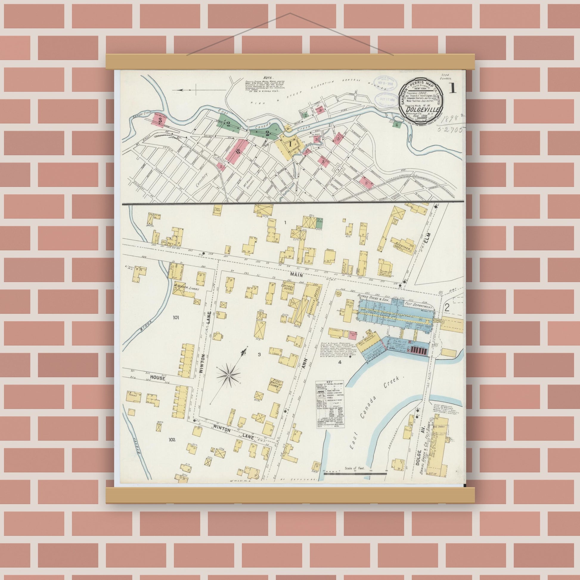 Old map wall art mockup — magnetic wood frame on brick wall — Sanborn Fire Insurance Map from Dolgeville, Hirkimer County, New York (1898), Sheet #0001