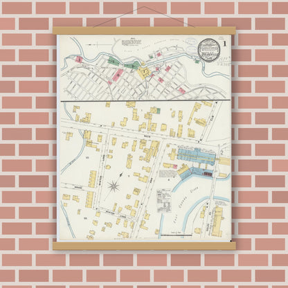 Old map wall art mockup — magnetic wood frame on brick wall — Sanborn Fire Insurance Map from Dolgeville, Hirkimer County, New York (1898), Sheet #0001