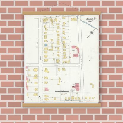 Old map wall art mockup — magnetic wood frame on brick wall — Sanborn Fire Insurance Map from Newton, Sussex County, New Jersey (1916), Sheet #0008