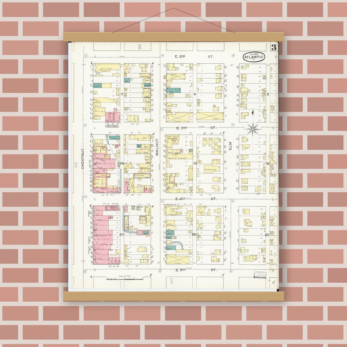 Old map wall art mockup — magnetic wood frame on brick wall — Sanborn Fire Insurance Map from Atlantic, Cass County, Iowa (1893), Sheet #0003