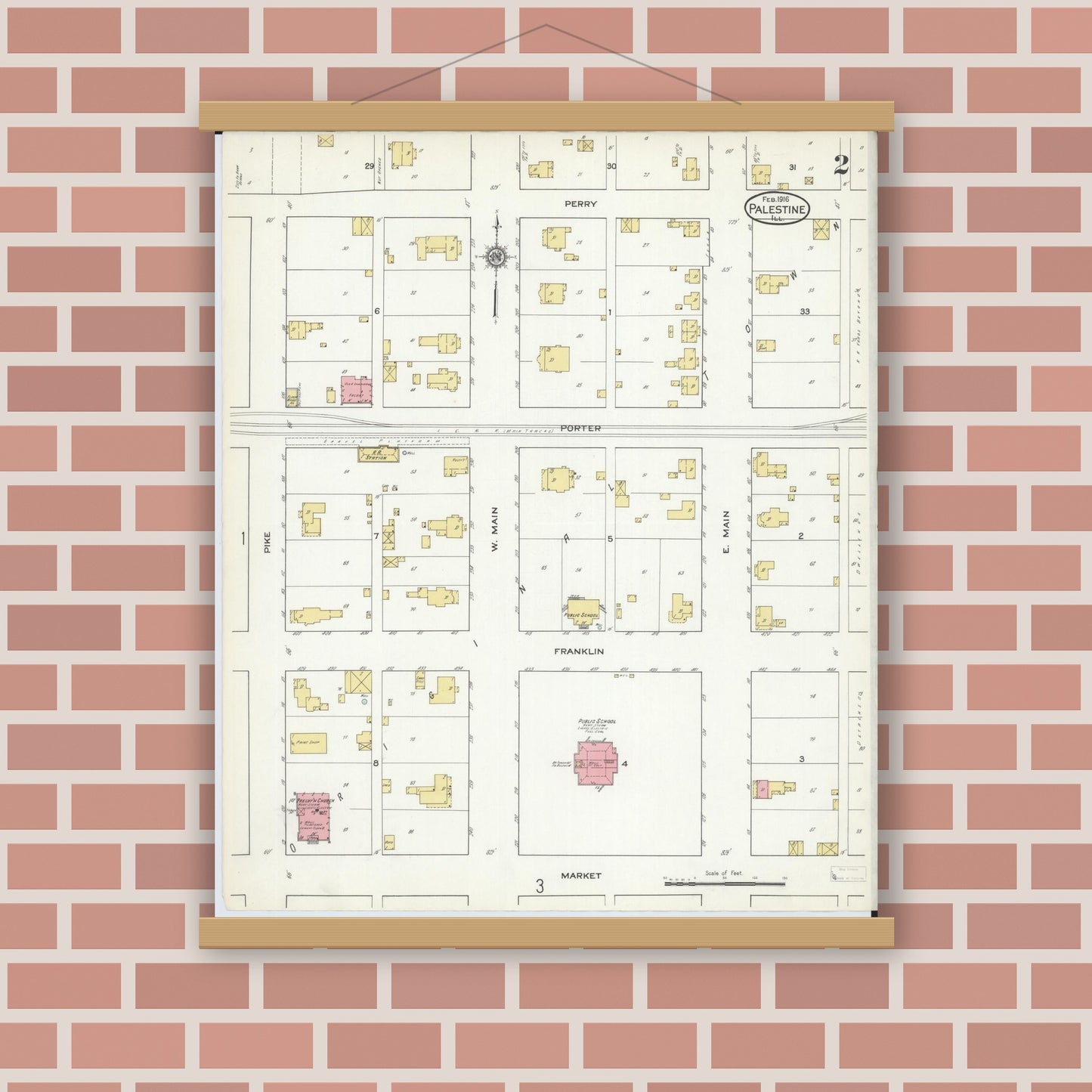 Old map wall art mockup — magnetic wood frame on brick wall — Sanborn Fire Insurance Map from Palestine, Crawford County, Illinois (1916), Sheet #0002