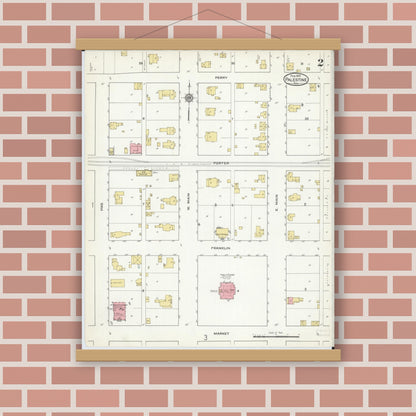Old map wall art mockup — magnetic wood frame on brick wall — Sanborn Fire Insurance Map from Palestine, Crawford County, Illinois (1916), Sheet #0002
