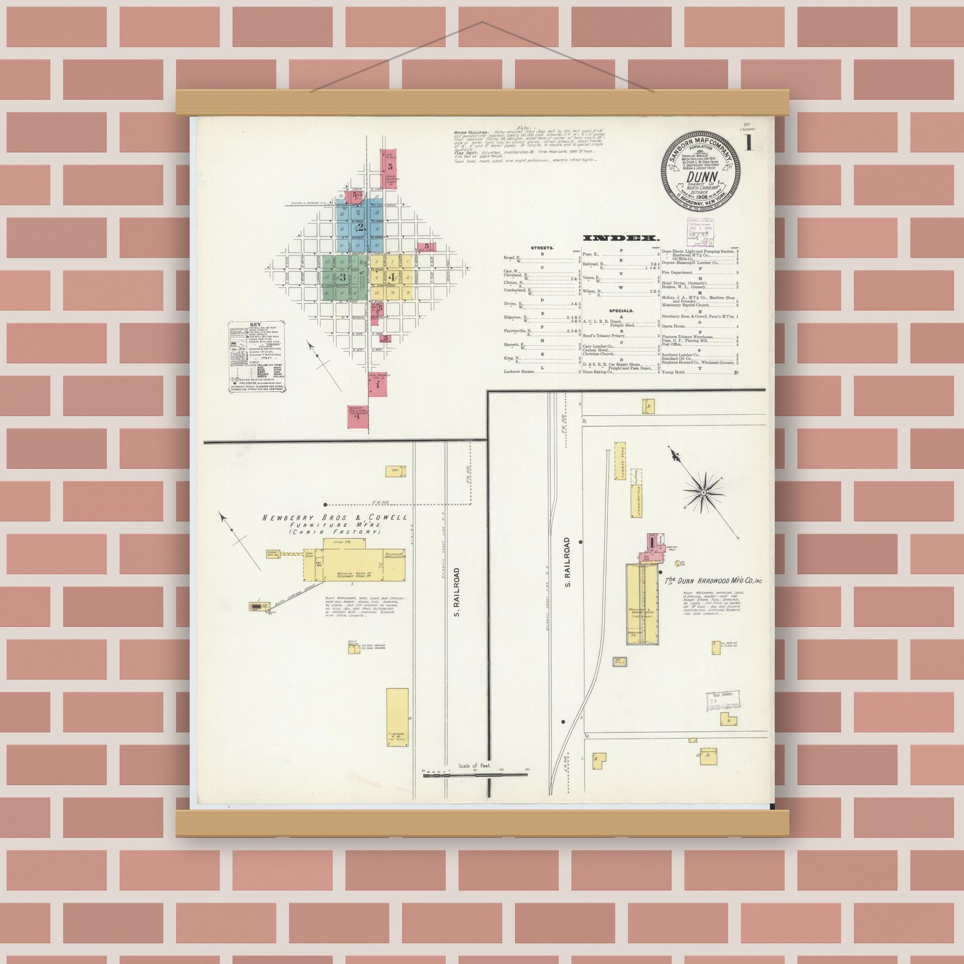 Old map wall art mockup — magnetic wood frame on brick wall — Sanborn Fire Insurance Map from Dunn, Harnett County, North Carolina (1908) - Complete Map Set